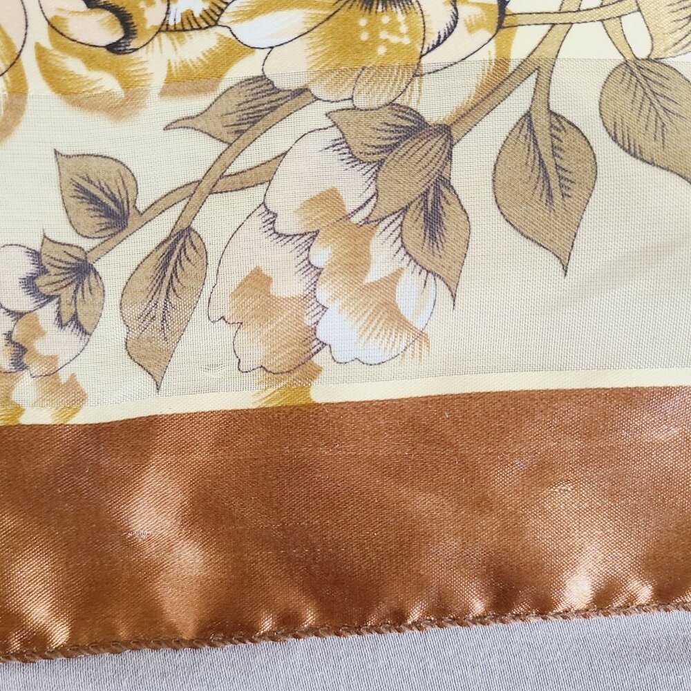 Vtg Floral Peony Satin Scarf Brown Border Lrg Square Lightweight Sheer Material - Picture 10 of 12